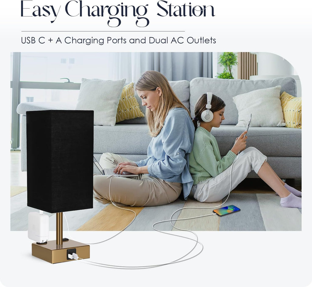 Bedside Lamp with USB Ports - Touch Control Table Lamp for Bedroom with USB C+A Charging Ports & AC Outlets, 3 Way Dimmable Nightstand…
