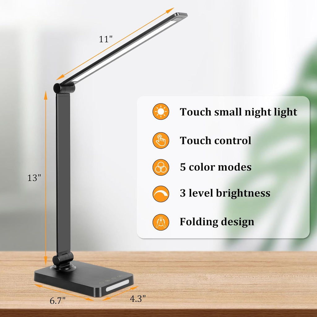 LED Desk Lamp with USB Ports, Touch Desk Lamps for Home Office with 5 Color Modes,3 Brightness Desk Light with Small Night Light, Reading…