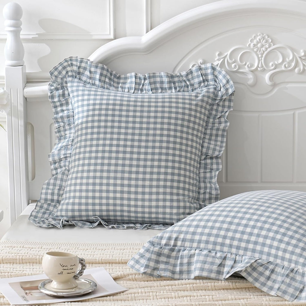 Qilunn Blue White Plaid Euro Pillow Shams Ruffle Pillowcases Set of 2, Shabby Checkered Washed Cotton Pillow Covers-26 x26, Blue/White Plaid…
