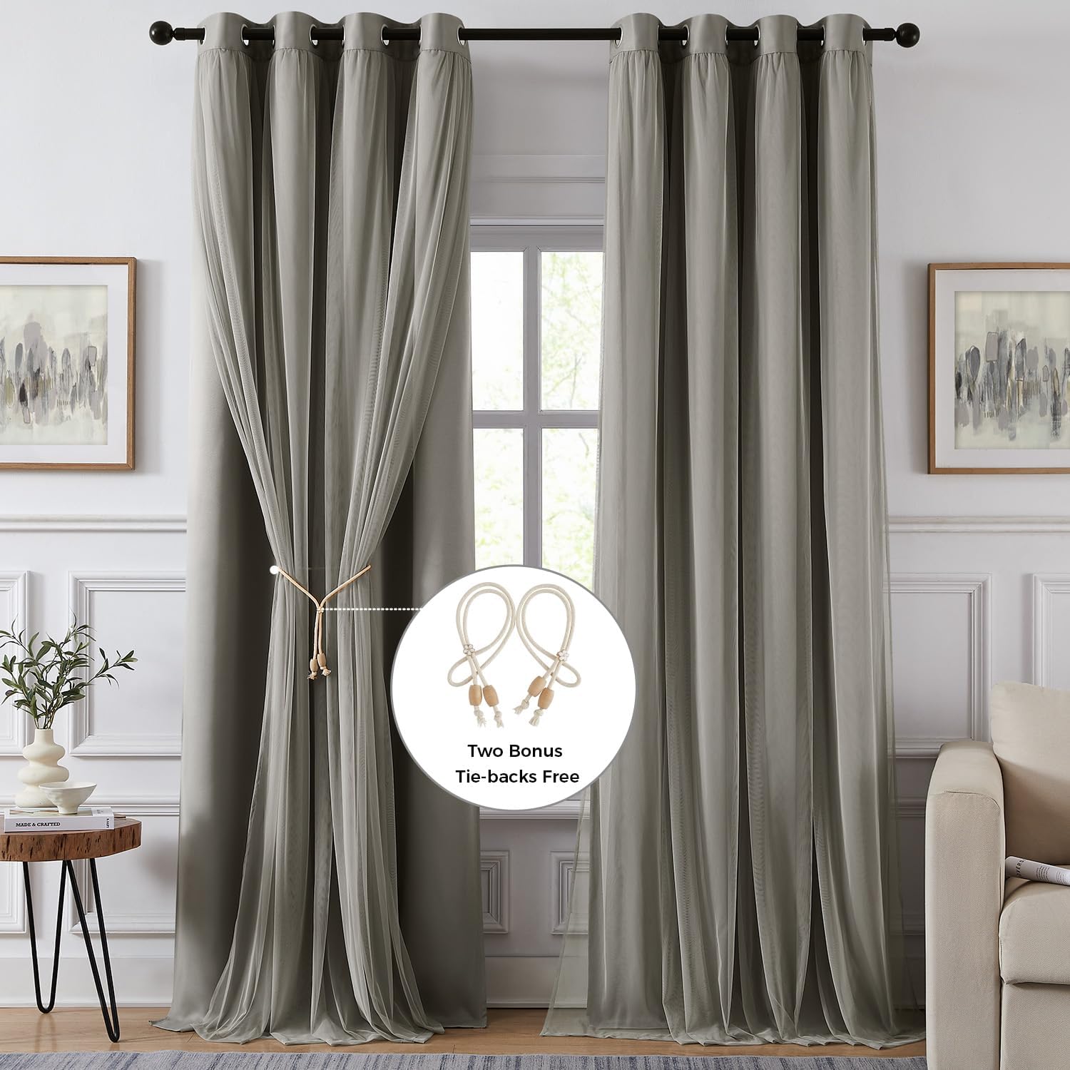 Swandream 100% Blackout Curtains for Bedroom, Double Layer Grey Curtains, Black Out Curtain 84 inch Long with Sheer Overlay for Living Room…