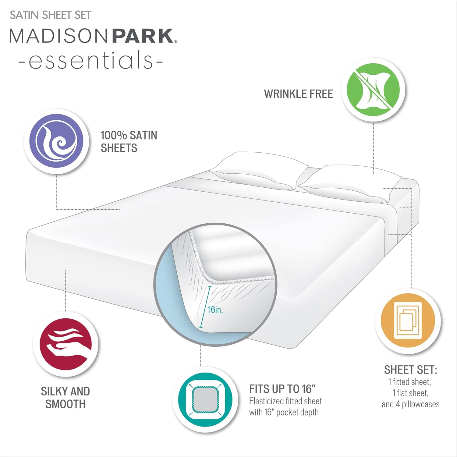 Madisonpark Madison Park Essentials Satin Sheet Set Luxury and Silky with Natural Sheen, Elastic 14" Pocket fits up to 16" Mattress, All Ar…