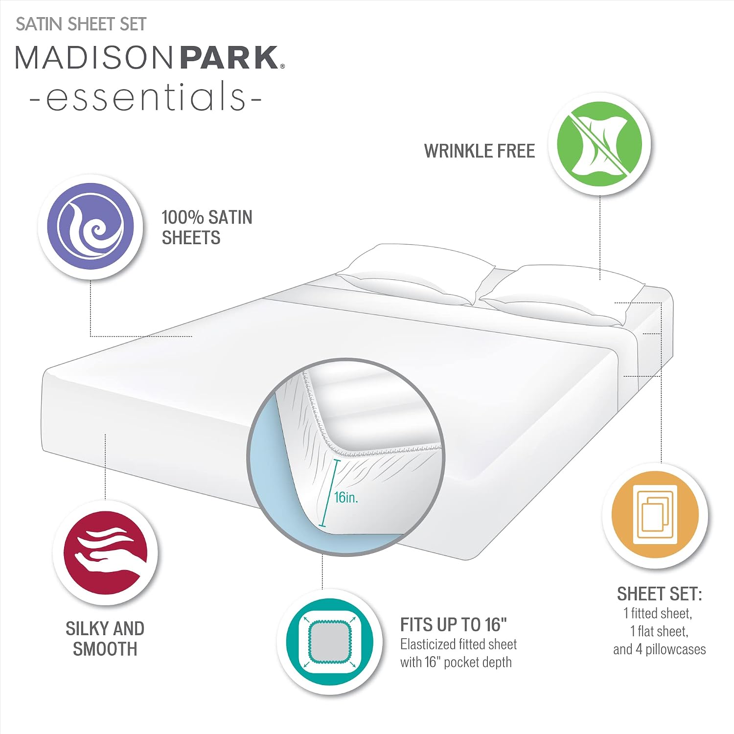 Madisonpark Madison Park Essentials Satin Sheet Set Luxury and Silky with Natural Sheen, Elastic 14" Pocket fits up to 16" Mattress, All Ar…