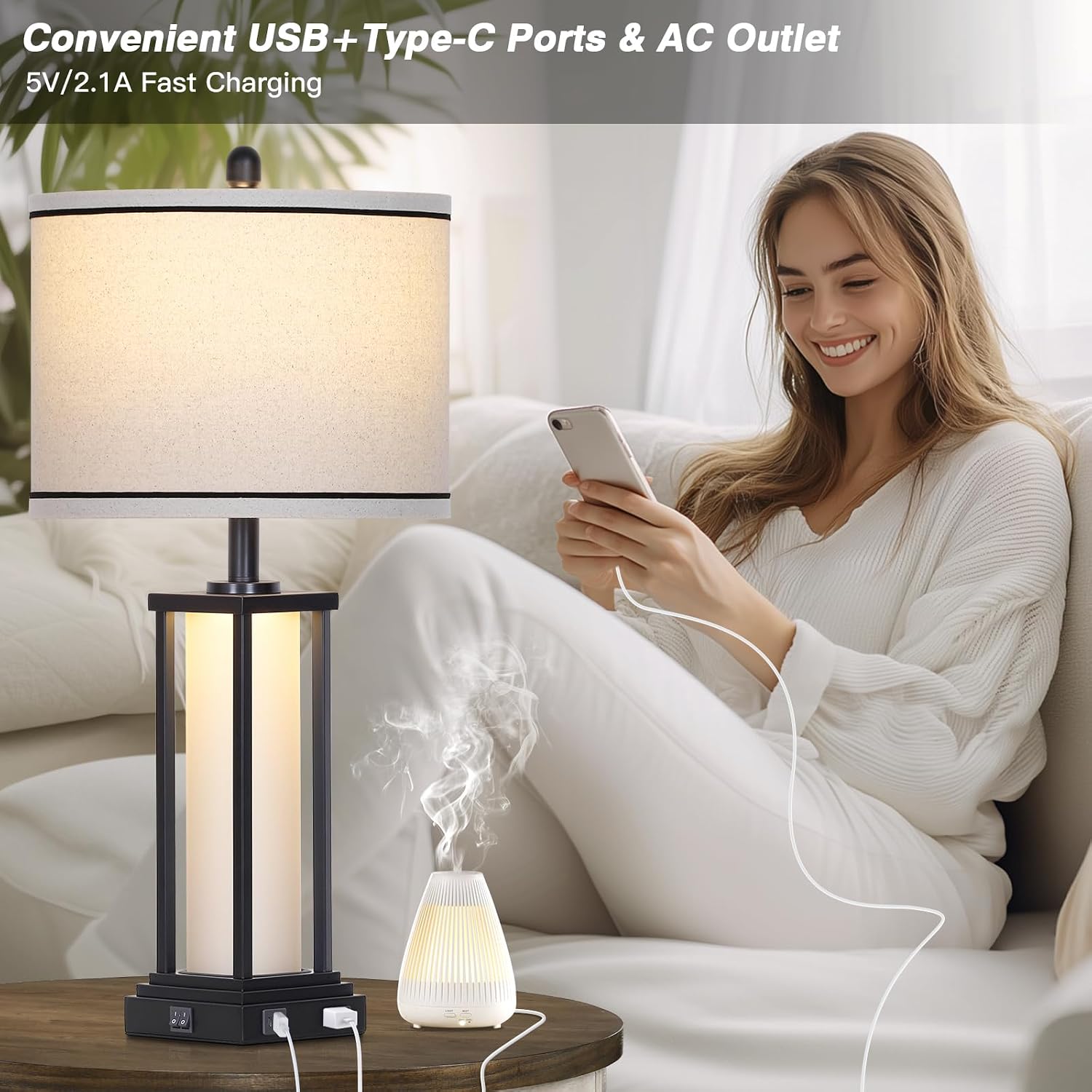 Cinkeda 27" Tall Vintage Table Lamp with USB C+A & Outlet, Black Industrial End Table Lamp for Living Room, Farmhouse Rustic Bedside Lamp…