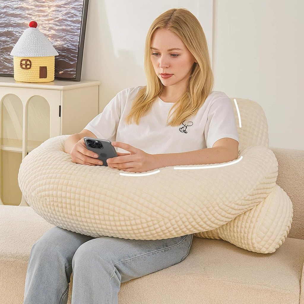 Bed Reading Pillow with Arms 19", Cozy Flannel U Shaped Back Support Cushion for Sit up in Bed, Ergonomic Lumbar Backrest for Adult…