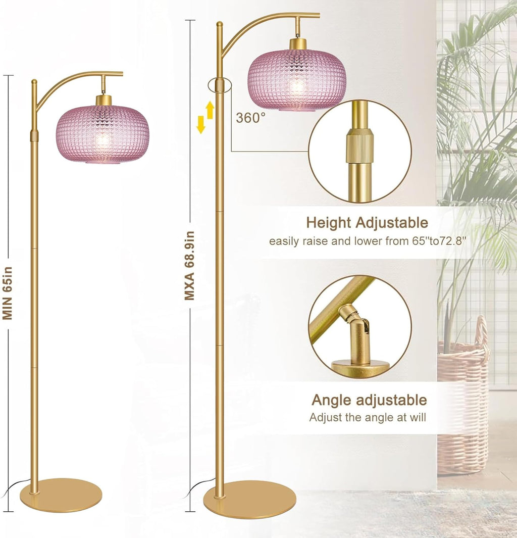 Glass Floor Lamp for Living Room, Modern Tall Standing Lamp with Pink Glass Lamp Shade, Dimmable Gold Tall Floor Lamp for Bedroom Office…