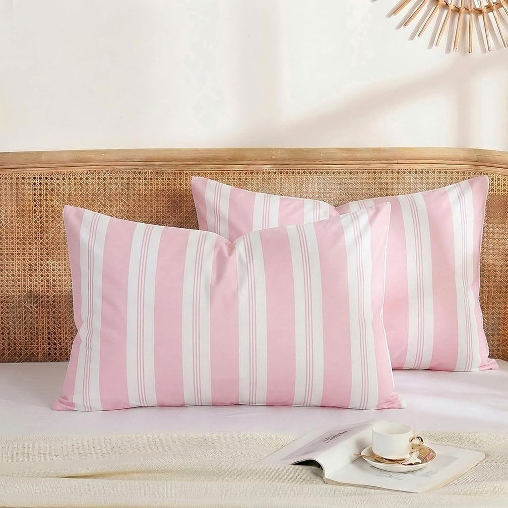 Merryword Pink Striped Pillowcases, 100% Cotton Pillow Cases, Standard Size Pillowcases, Luxury Linen Like Pillowcase, Soft Breathable Stri…