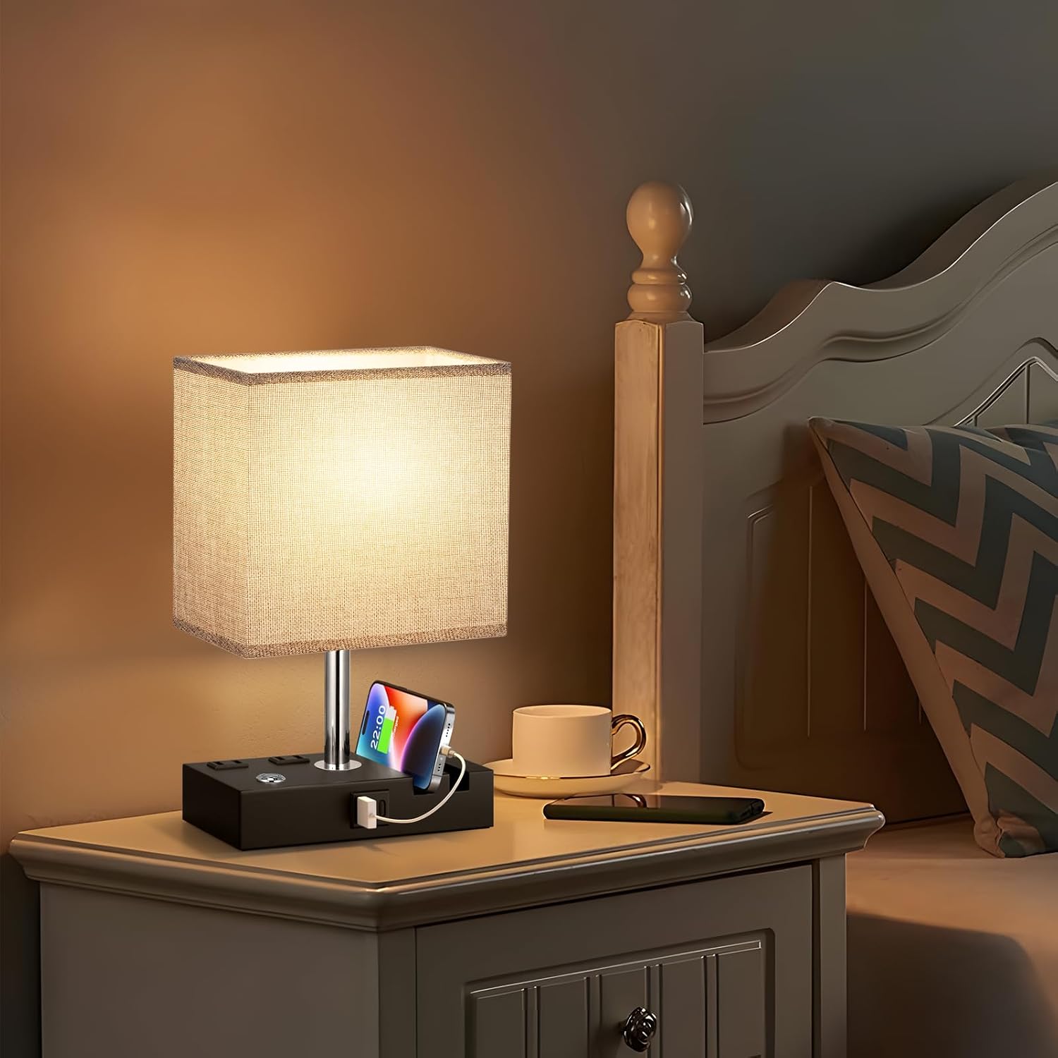 Kakanuo Nightstand Lamp for Bedroom with Dual USB Ports, Grey Touch Control Bedside Table Lamp with Charging Outlets and Phone Stands…