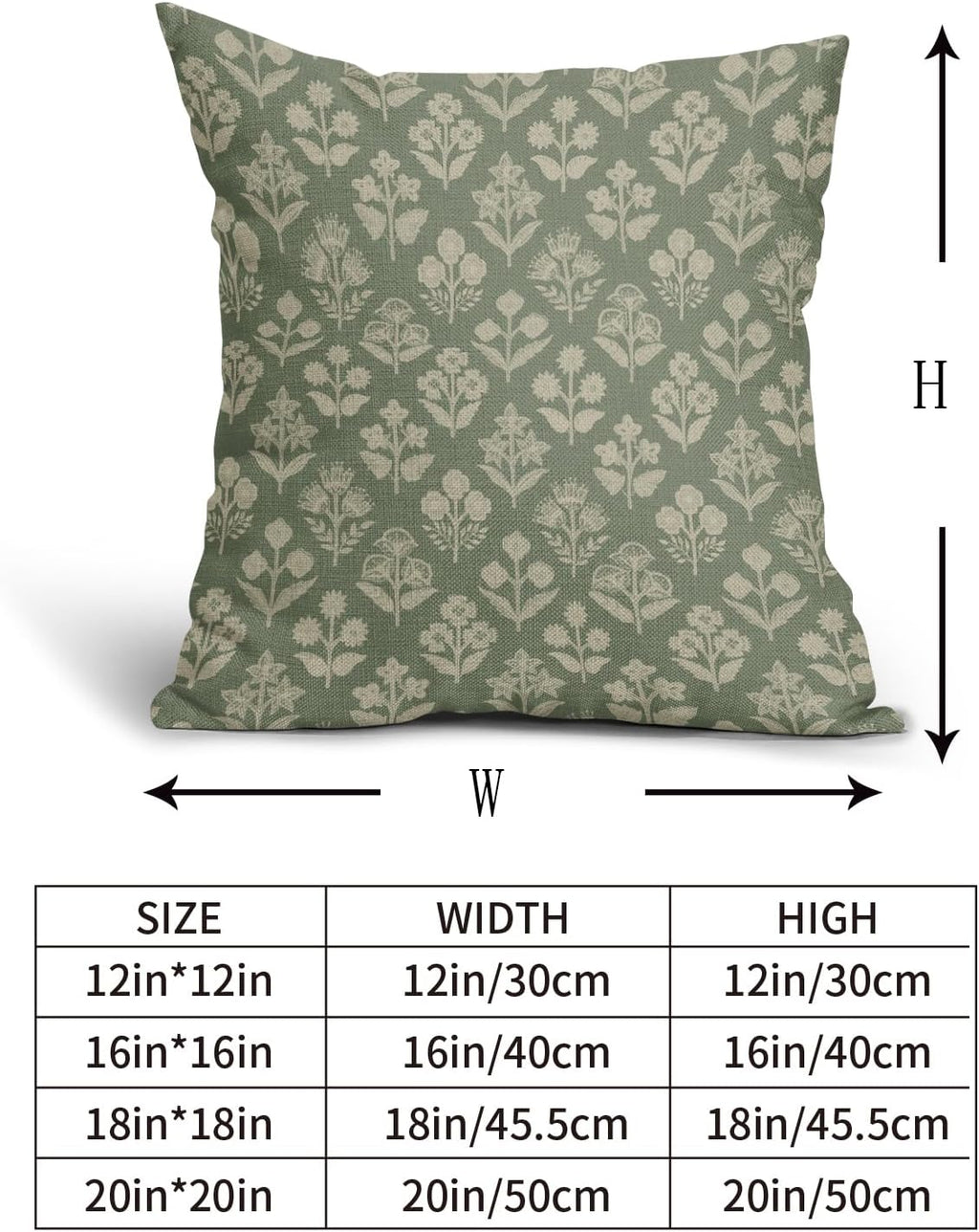 Sage Green Floral Block Print Pillow Covers 18x18 Inch Set of 2, Vintage Flower Pattern Decorative Throw Pillowcases Outdoor Farmhouse…