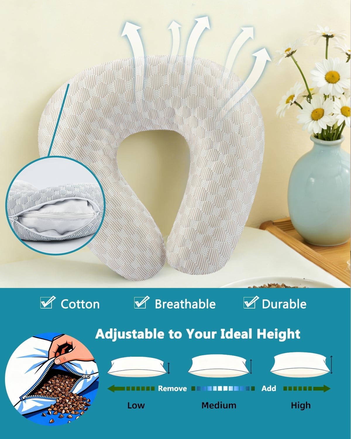 Buckwheat Neck Pillow with Dual-Layer Pillowcase, 12''x12'' Adjustable Firm U Shaped Pillows, Breathable for Cool Sleep, Neck Support…
