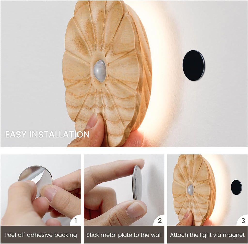 Motion Sensor Night Light Wooden Carved Flower Mini USB Rechargeable Stick-On Step Lights Magnetic Wall Lights for Hallway Bedroom Living…