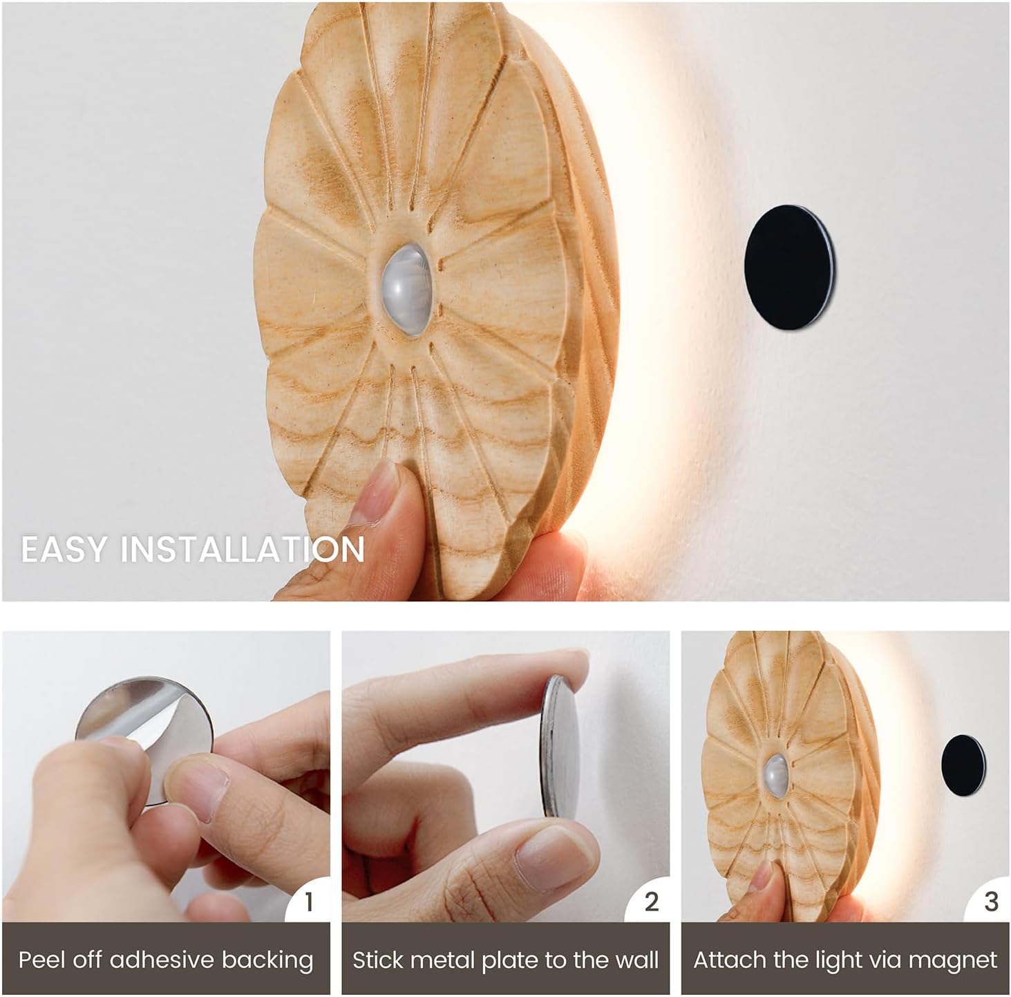 Motion Sensor Night Light Wooden Carved Flower Mini USB Rechargeable Stick-On Step Lights Magnetic Wall Lights for Hallway Bedroom Living…