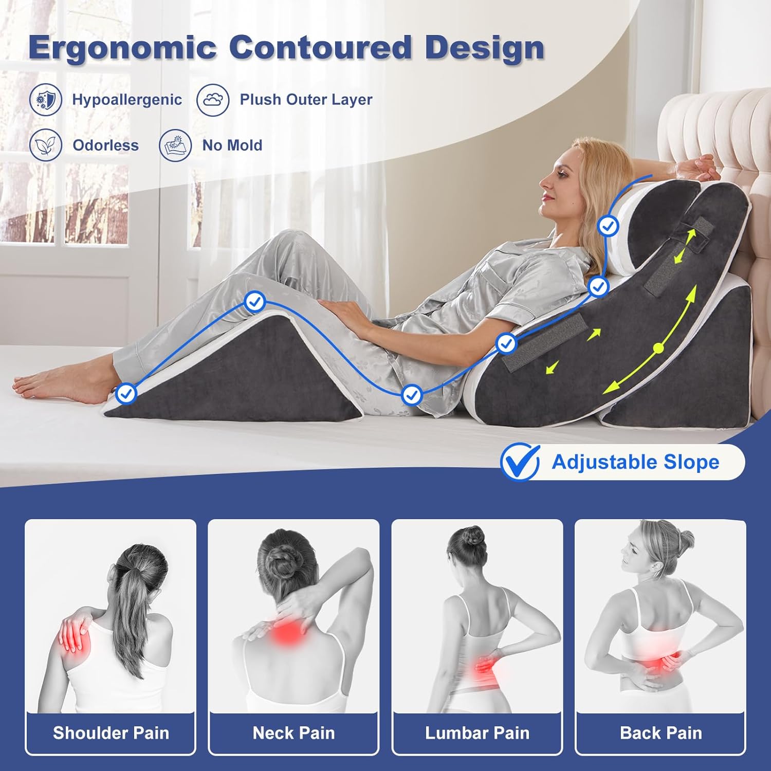 Wsofrlac 4PCS Orthopedic Bed Wedge Pillow Set for Sleeping, Post Surgery Foam Support Pillows for Back, Neck and Leg, Adjustable Triangle…