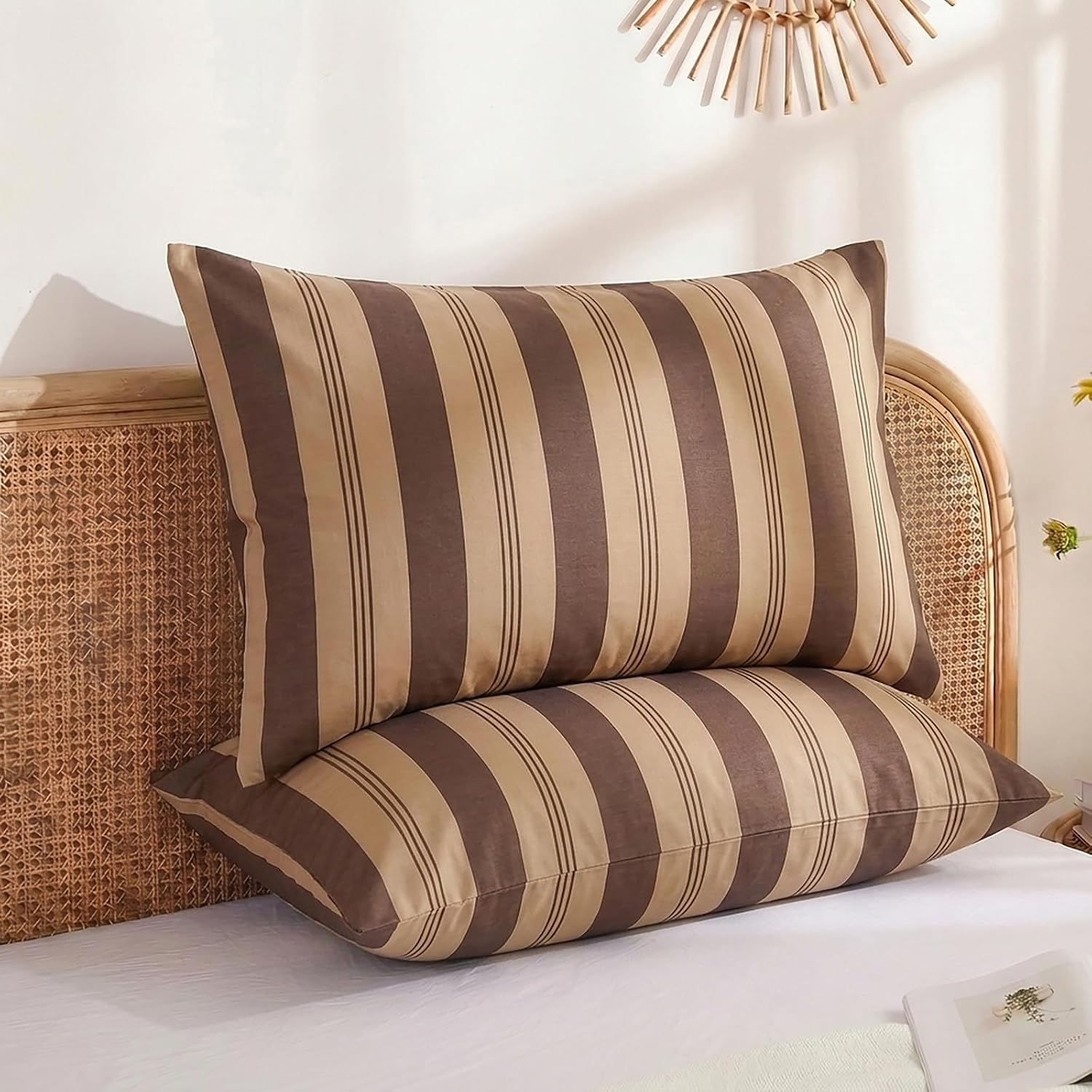 Merryword Brown Striped Pillowcases, 100% Cotton Pillow Cases, King Size Pillowcases, Luxury Linen Like Pillowcase, Soft Breathable Stripe…