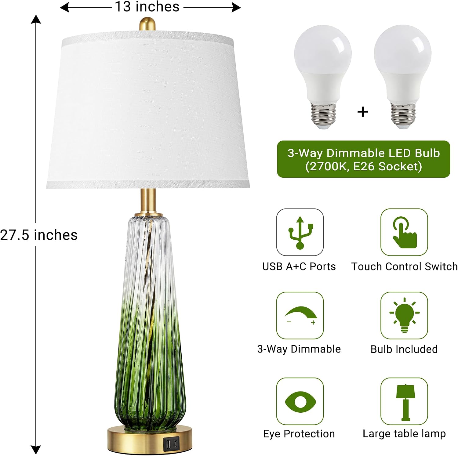 Glass Table Lamps Set of 2, Modern Bedside Lamps for Bedrooms with USB A+C Ports, 3-Way Dimmable Touch Control Nightstand Lamp with White…