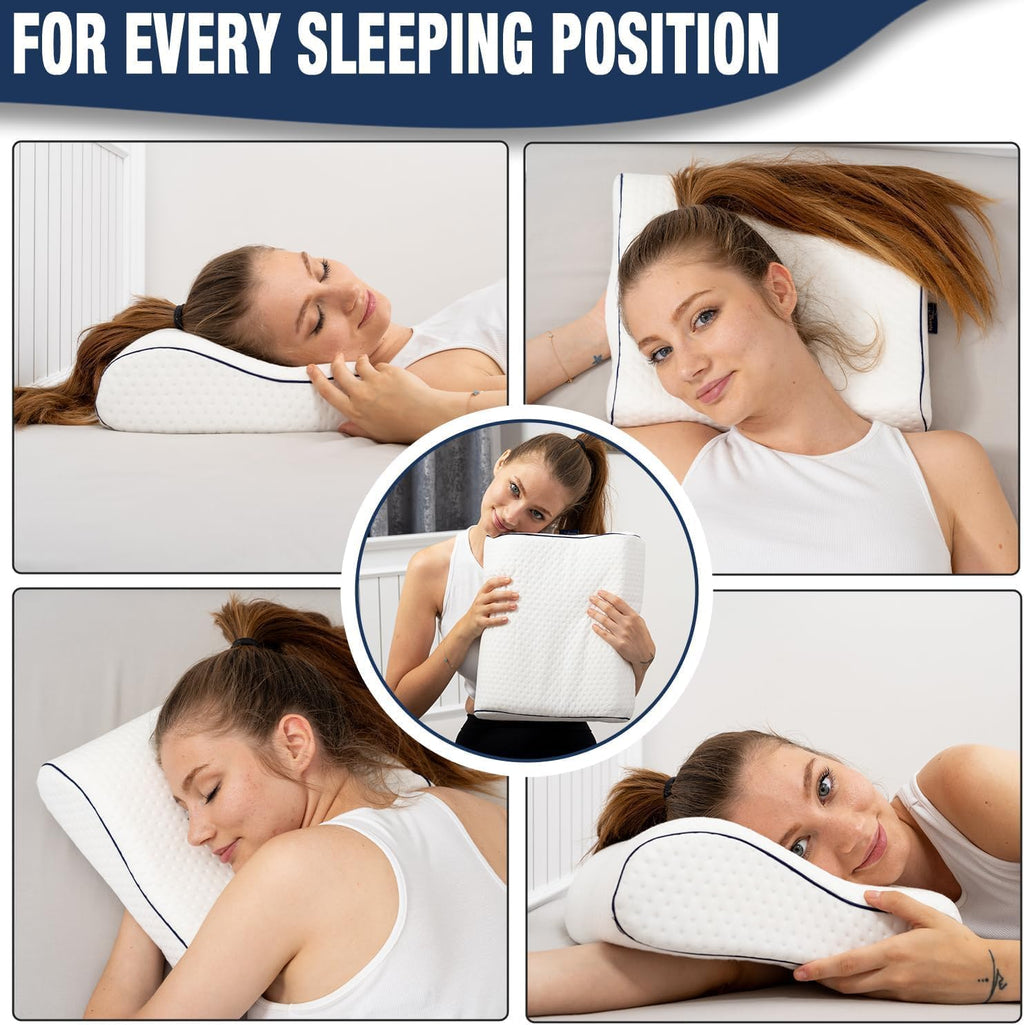 alkamto Travel & Camping Comfortable Memory Foam Pillow – Easy to Carry Portable Bag – Temperature Regulating Pillow Case (White Contour)