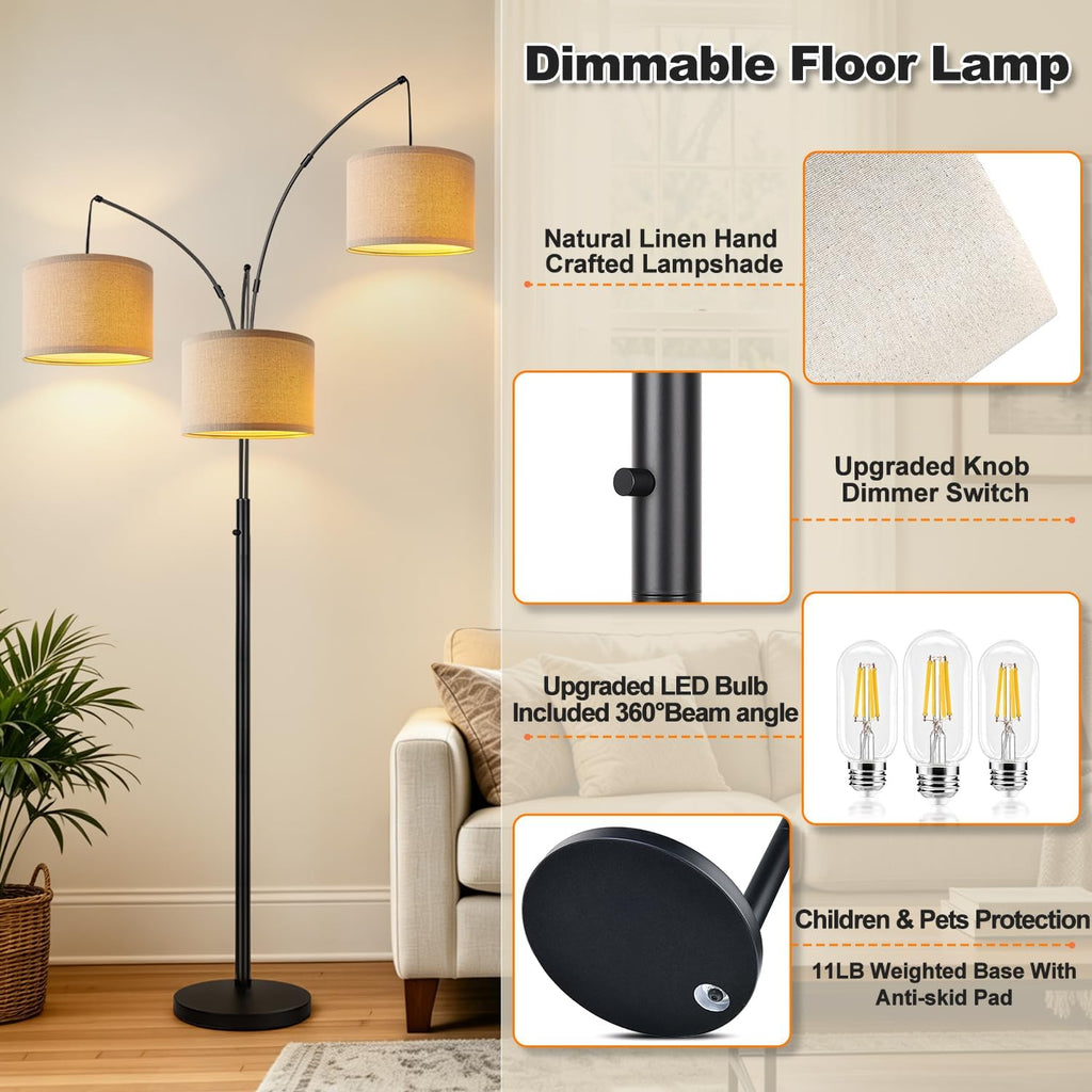 Dimmable 3 Lights Floor Lamp - 3000LM Super Bright Arc Floor Lamps for Living Room, Modern Tall Standing Lamp With Beige Shades, Mid…