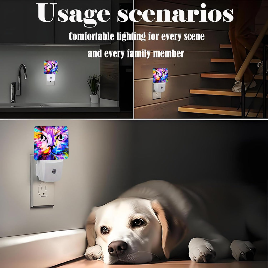 Colorful Cat Face Night Light, Plug Into Wall Decor for Stairway, Hallway, Kitchen, Dusk to Dawn Sensor Nightlights for Boys/Girls/Women/Men…