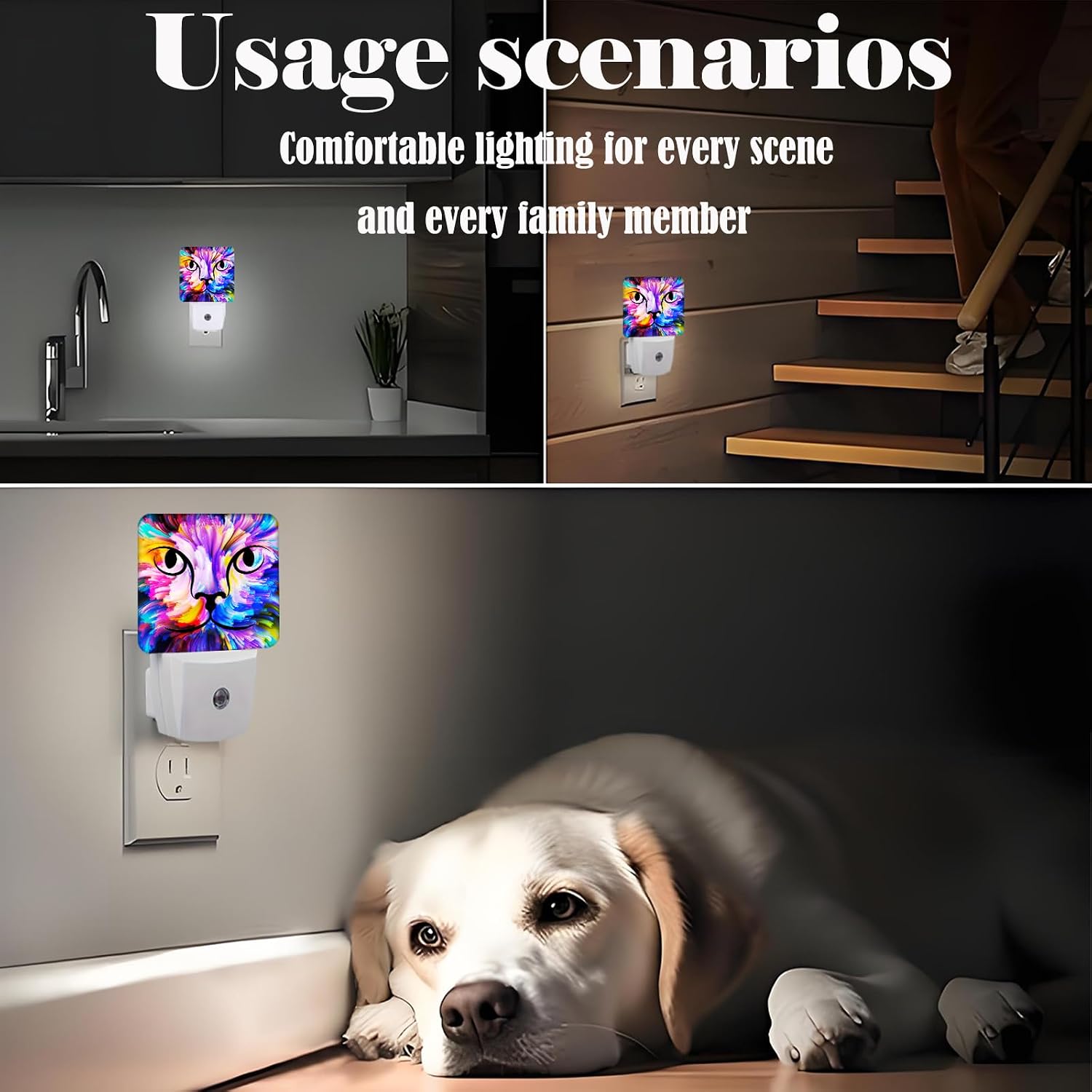 Colorful Cat Face Night Light, Plug Into Wall Decor for Stairway, Hallway, Kitchen, Dusk to Dawn Sensor Nightlights for Boys/Girls/Women/Men…