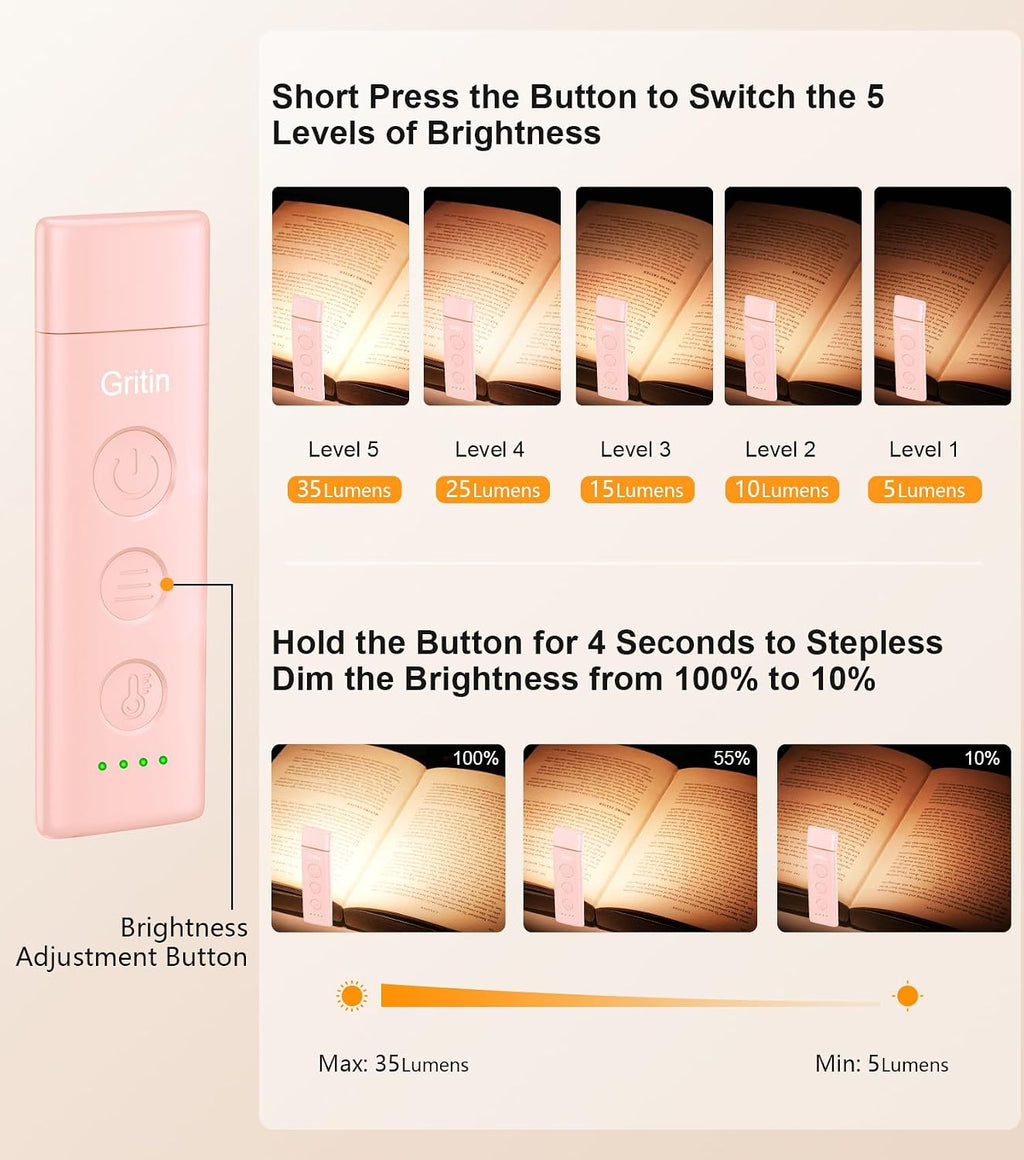 Gritin Book Light Rechargeable, Eye Caring 3-Color & 5-Brightness Clip on LED Reading Light for Books in Bed- Stepless Dimming, Long…