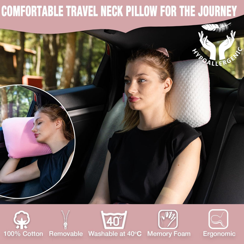 alkamto Travel & Camping Comfortable Memory Foam Pillow – Easy to Carry Portable Bag – Temperature Regulating Pillow Case (Pink + Extra…