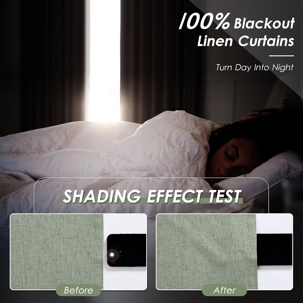 Nanspring Desert Sage 100% Blackout Linen Curtains for Bedroom 90 Inches Long Back Tab Thermal Insulated Modern Farmhouse Decor Black Out C…