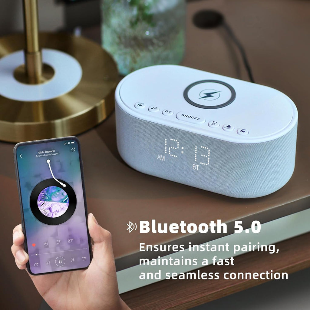Odokee Sound Machine Alarm Clock Wireless Charger: Bluetooth 10W Stereo Sound Speaker Bedroom - White Noise Machine for Sleeping with 21 So…