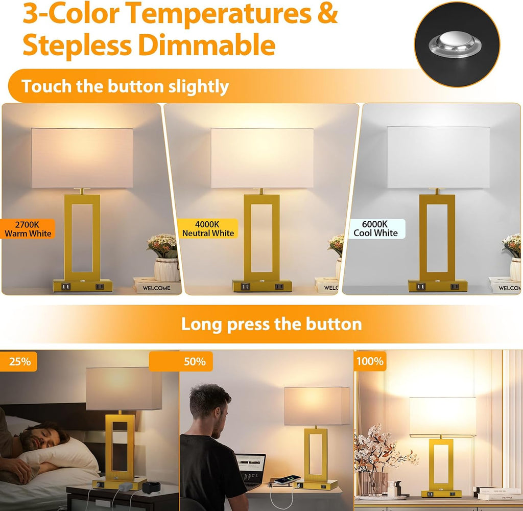 Kondras 3 Color Temperatures Touch Control Table Lamps Set of 2, Stepless Dimmable Bedside Lamps with 2 USB Ports&AC Outlet, Modern…