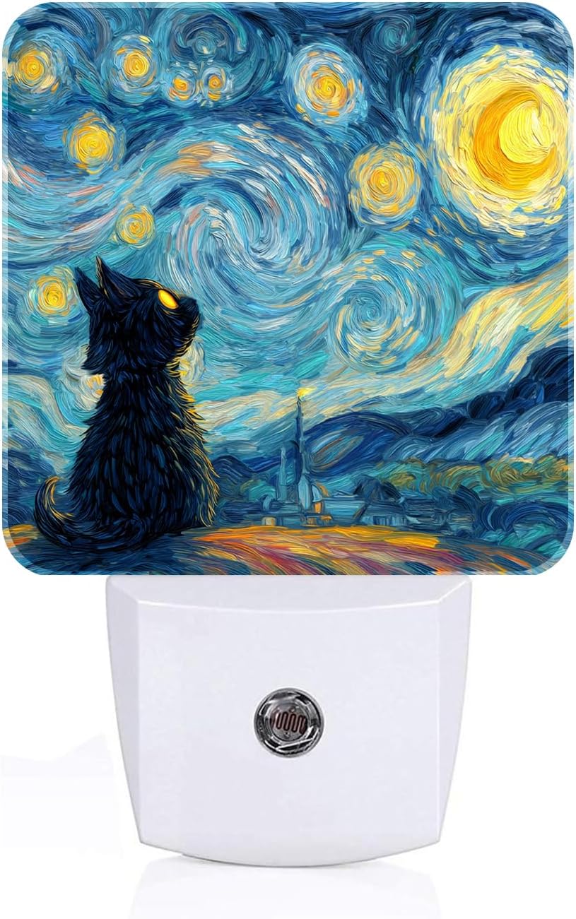 Starry Night Cat Night Light, Plug-in Nightlights Auto Sensor Night Lamp Dusk-to-Dawn Lamp Home Decor for Nursery Children Girls Boys