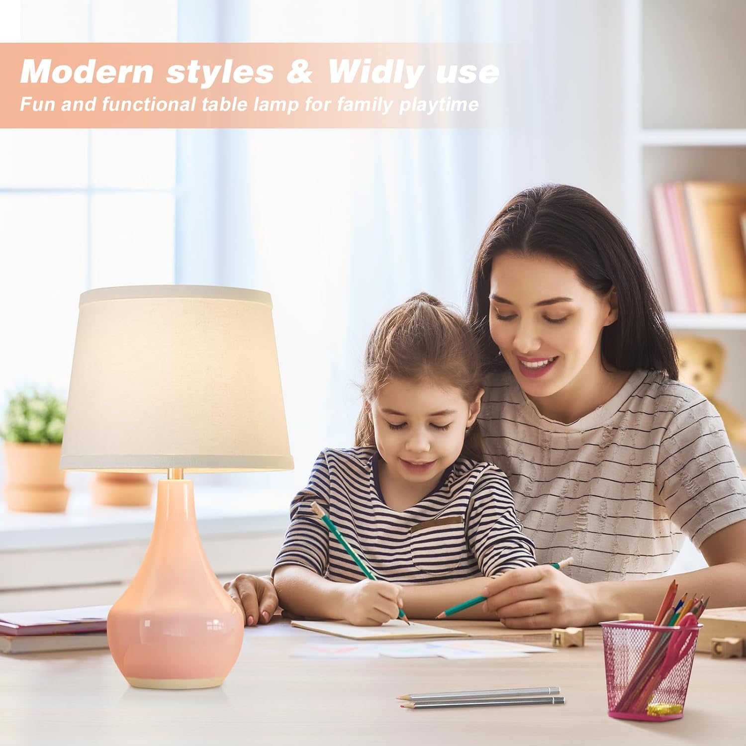Seealle Modern Pink Table Lamps Set of 2 - Bedroom Lamps for Nightstand,19.4" Bedside Pink Lamp for Girls Room Living Room with Rocker…