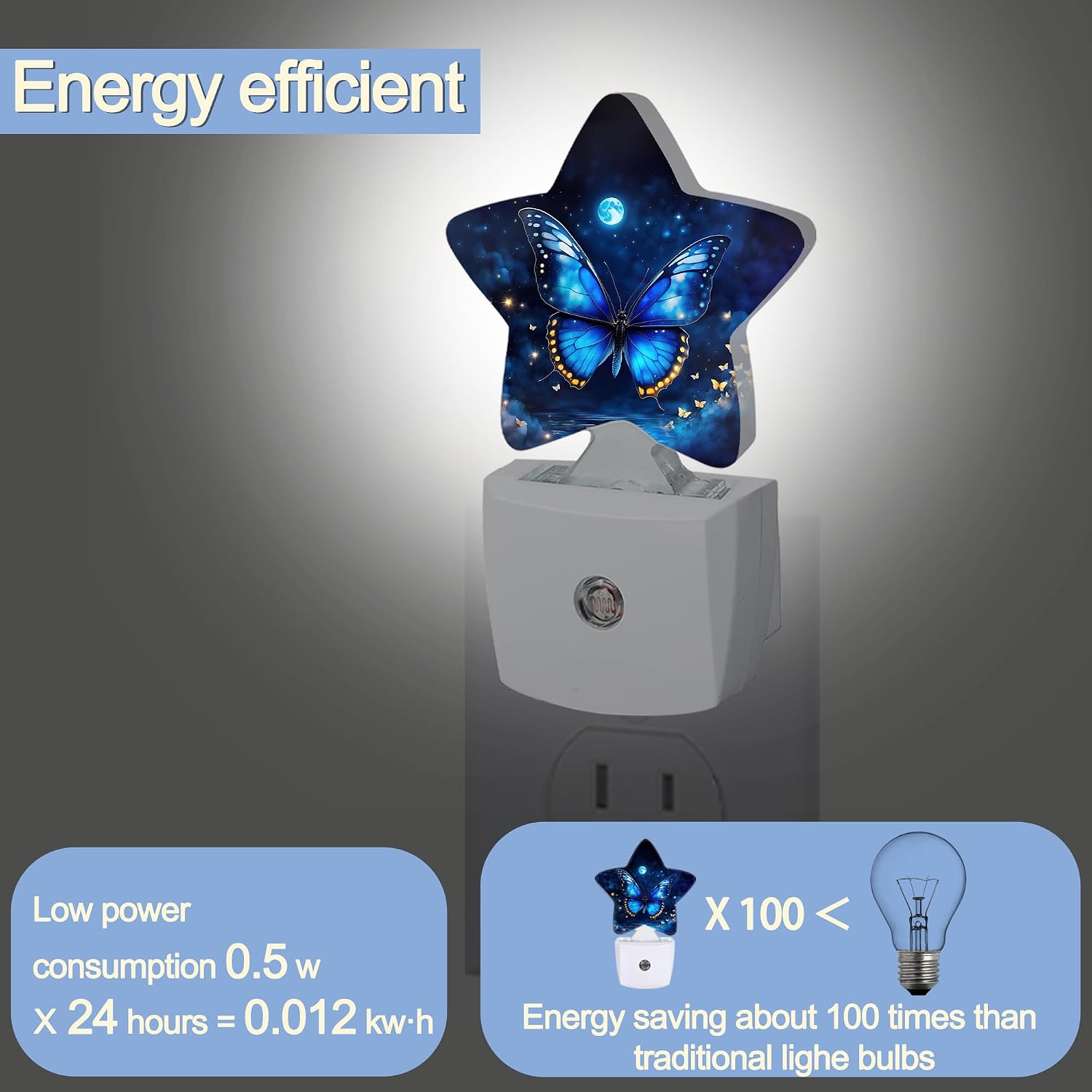 Snowmolle Blue Butterfly Moon Dusk to Dawn Star Night Light, Starry Sky Smart Sensor Nightlight for Bedroom Kitchen Hallway Stairs, Plug-in E…