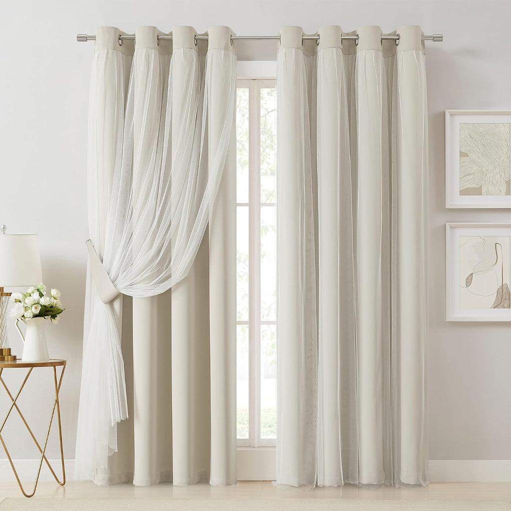 Bujasso Beige 80% Blackout Curtains with Sheer Overlay Mix and Match Double Layer Thermal Insulated Window Panels 84 inch for Living Room B…