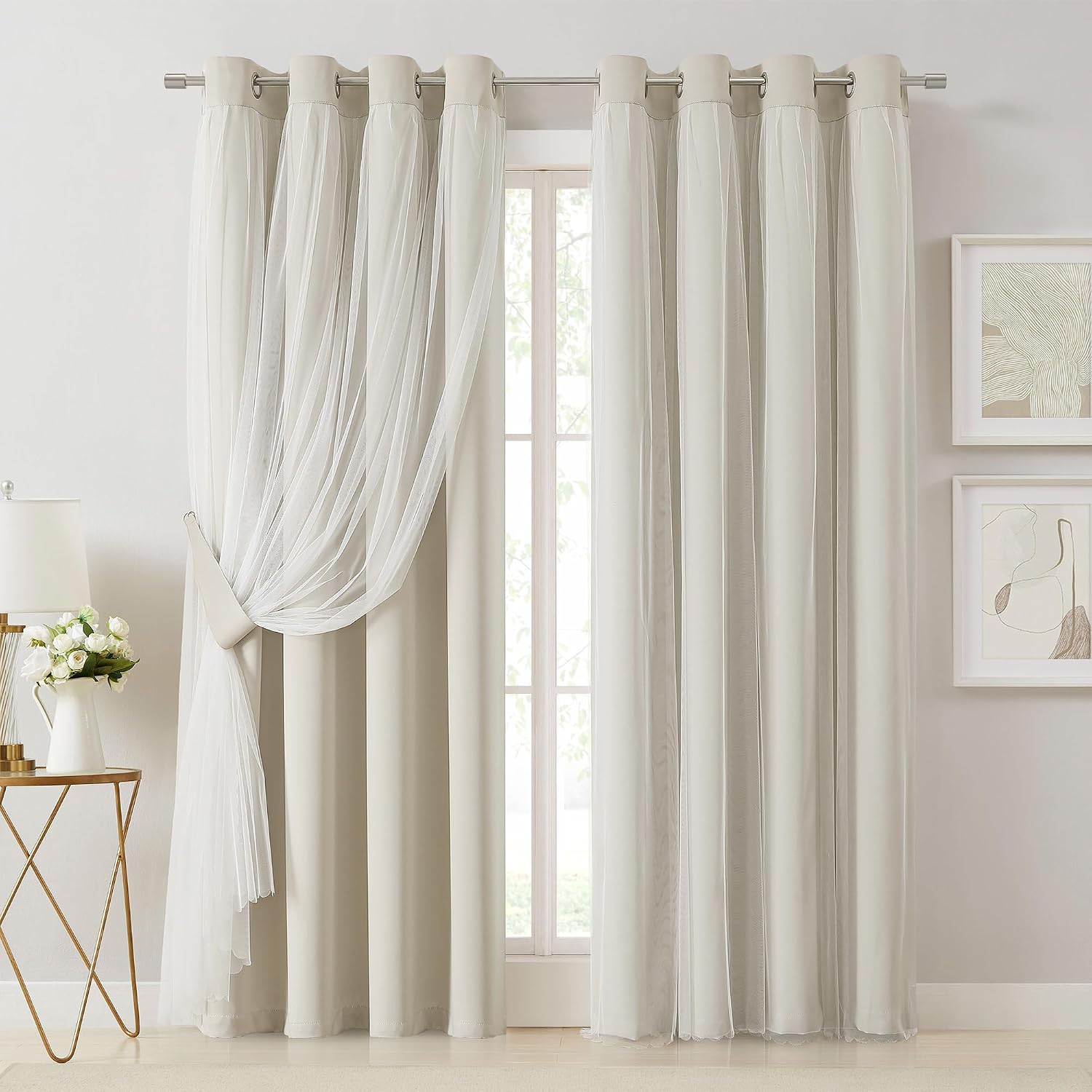 Bujasso Beige 80% Blackout Curtains with Sheer Overlay Mix and Match Double Layer Thermal Insulated Window Panels 84 inch for Living Room B…