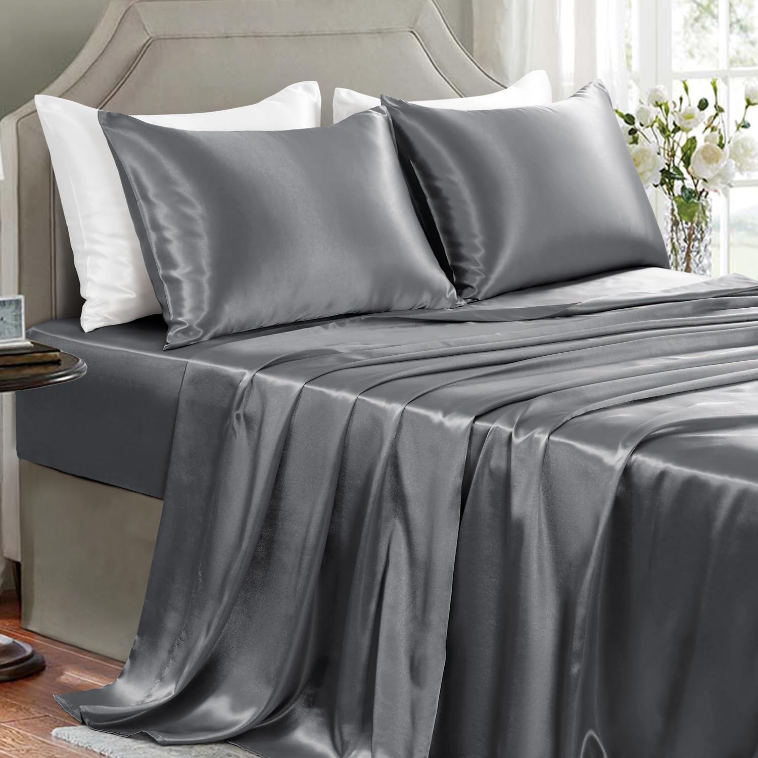 Golal Satin Sheets California King Size - 4 Pieces Luxury Silky Soft Bed Sheets, Wrinkle-Free Dark Grey Satin Silk Sheet Set with 1 Deep Po…