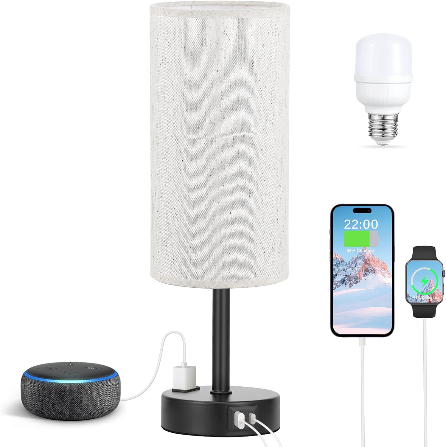 Light Beige Table Lamp for Nightstand - 3 Way Dimmable Bedside Lamp for Bedroom with USB C A Charging Ports and AC Outlet, Small Desk…