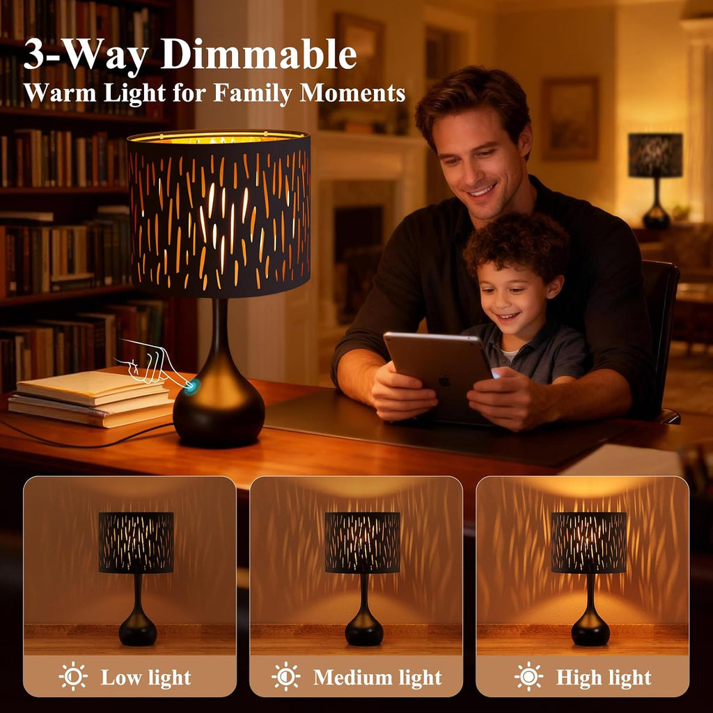 ONEWISH Touch Bedside Lamp for Bedroom, 3-Way Dimmable Table Lamps for Nightstand, Black Cutout Shade with Gold Lining Desk Lamp for…