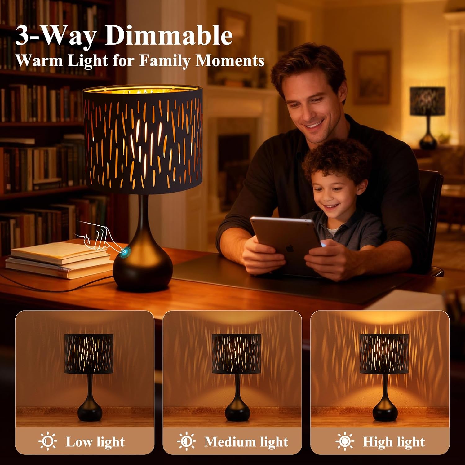 ONEWISH Touch Bedside Lamp for Bedroom, 3-Way Dimmable Table Lamps for Nightstand, Black Cutout Shade with Gold Lining Desk Lamp for…