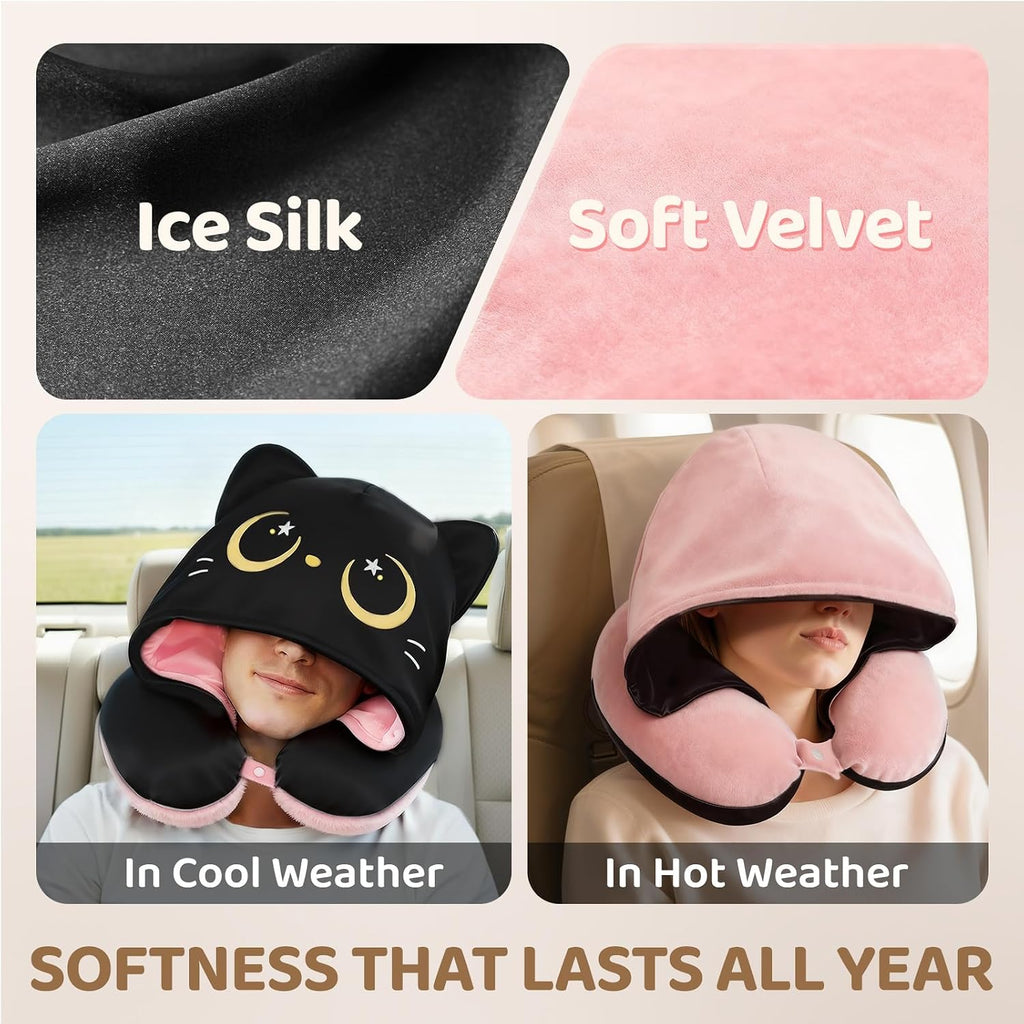 Mewaii Travel Neck Pillow with Hood for Airplanes, Memory Foam, Breathable Ice Silk & Soft Velvet, Double-Sided, Removable to…