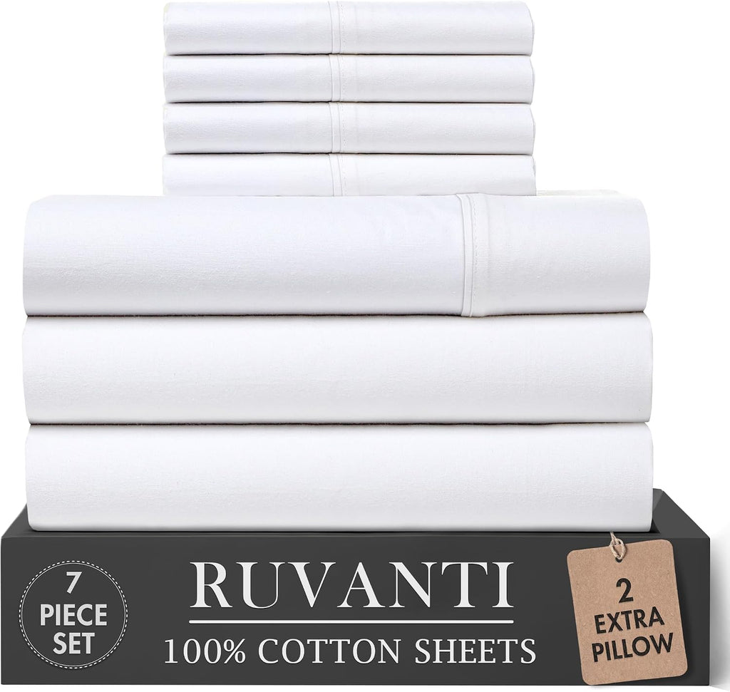 Ruvanti 100% Cotton Percale Sheets Split King Size 7 Piece Set, Cooling Bed Sheets for Hot Sleepers, Deep Pocket 16”, Breathable Lightweigh…