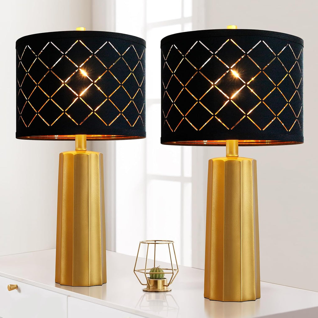 Set of 2 Modern Table Lamps for Living Room Bedroom, Gold Nightstand Resin Lamps with Black Grid Shade, Contemporary Desk Lamps for…