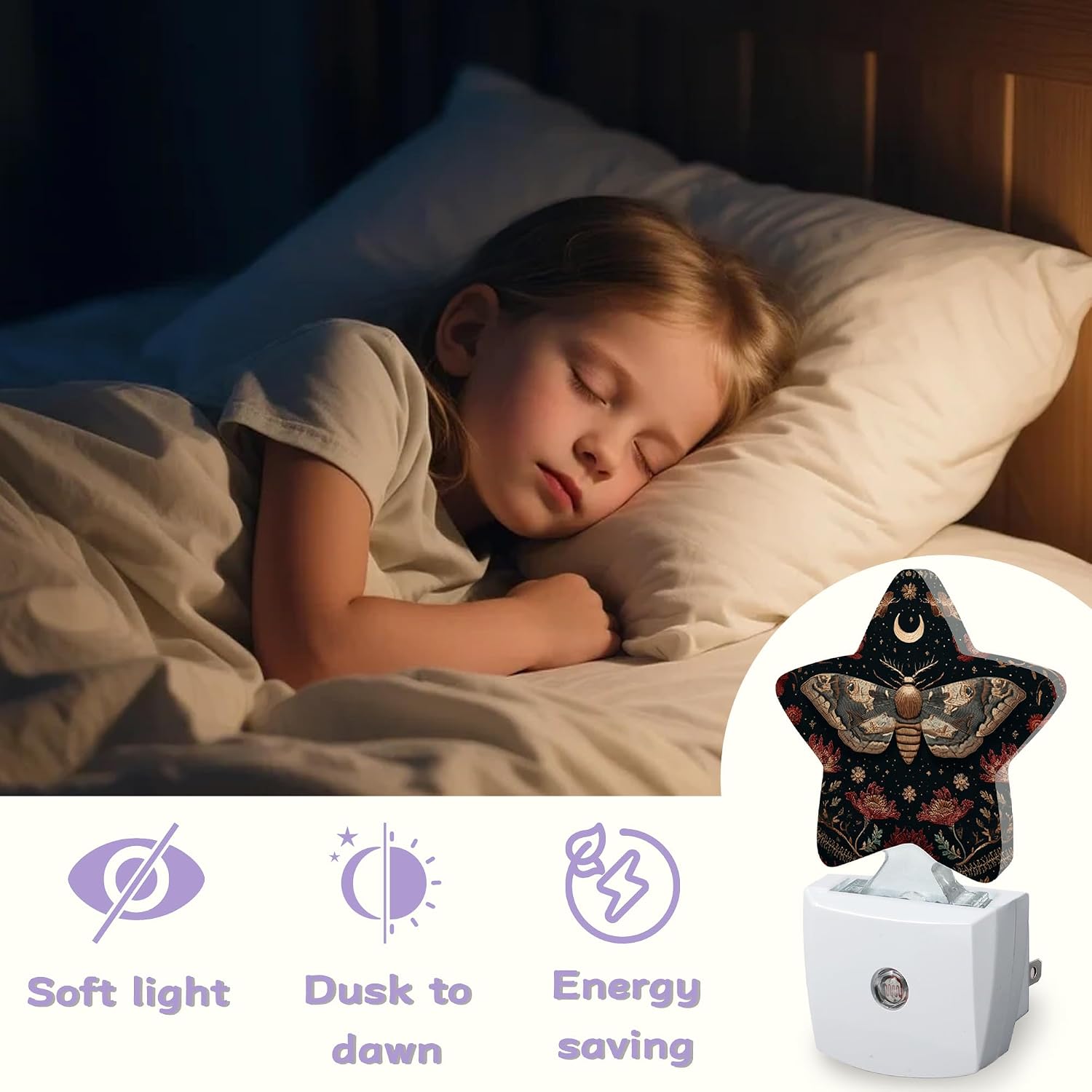 Black Poppy Moth Nightlights Plug in Wall, Mushroom Moon Decorative Star Lamp with Automatic Lighting for Living Space, Gentle Glow for…