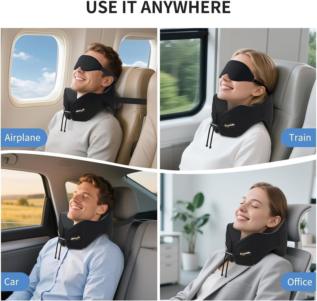 Doosmile Patented Head-Bobble-preventing Ergonomic 360° Supporting Golden Formula Memory Foam Travel Neck Pillow w/3D Contoured Eye…