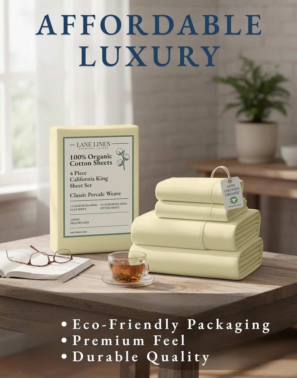 LaneLinen LANE LINEN 100% Organic Cotton California King Sheets Set, 4-Piece Soft & Comfy Luxury Hotel Style Percale Weave Bedding Sheets f…