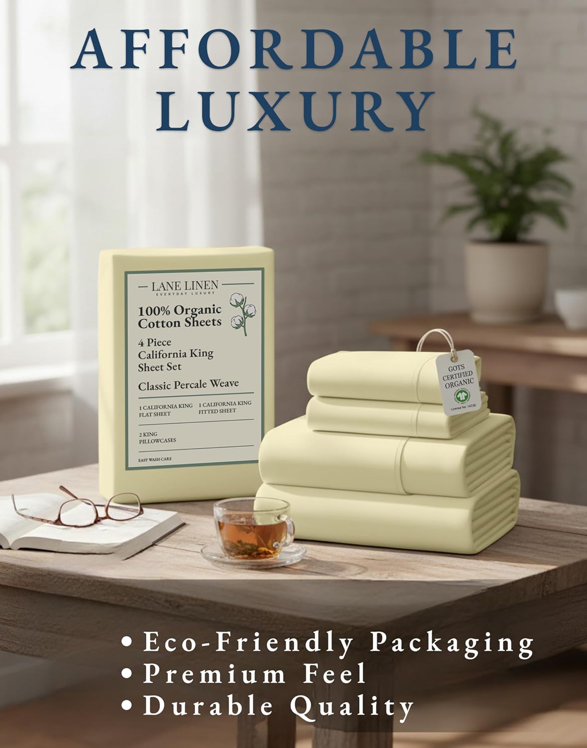 LaneLinen LANE LINEN 100% Organic Cotton California King Sheets Set, 4-Piece Soft & Comfy Luxury Hotel Style Percale Weave Bedding Sheets f…