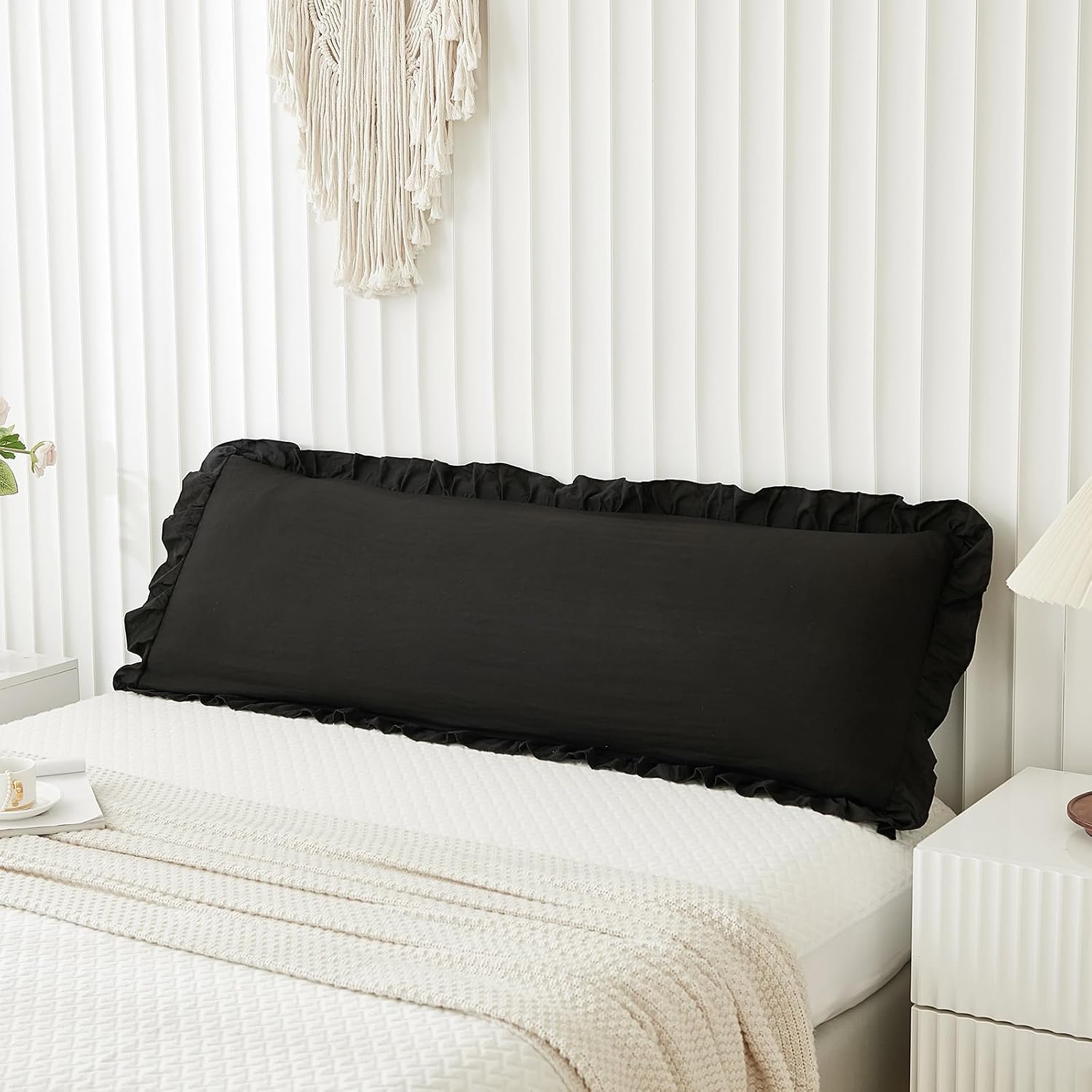 Merryword Black Body Pillow Cover 20x54inches Long Pillowcase Ruffled Pillowcases Shabby Chic Ruffled Fringe Decor Body Ruffled Pillow Sham…