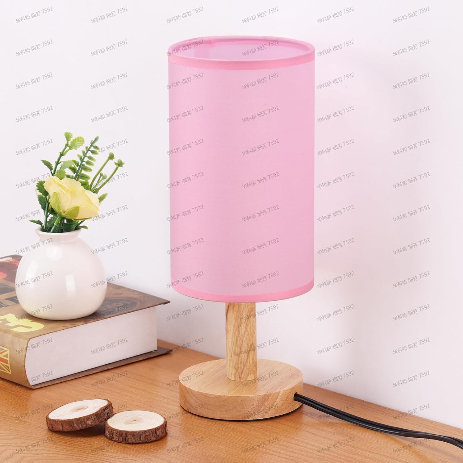 Pink Small Bedside Table Lamp for Bedroom, Natural Round Wood Base&Fabric Linen Shade, Cozy Night Table Light for Study Reading, Minimalist…