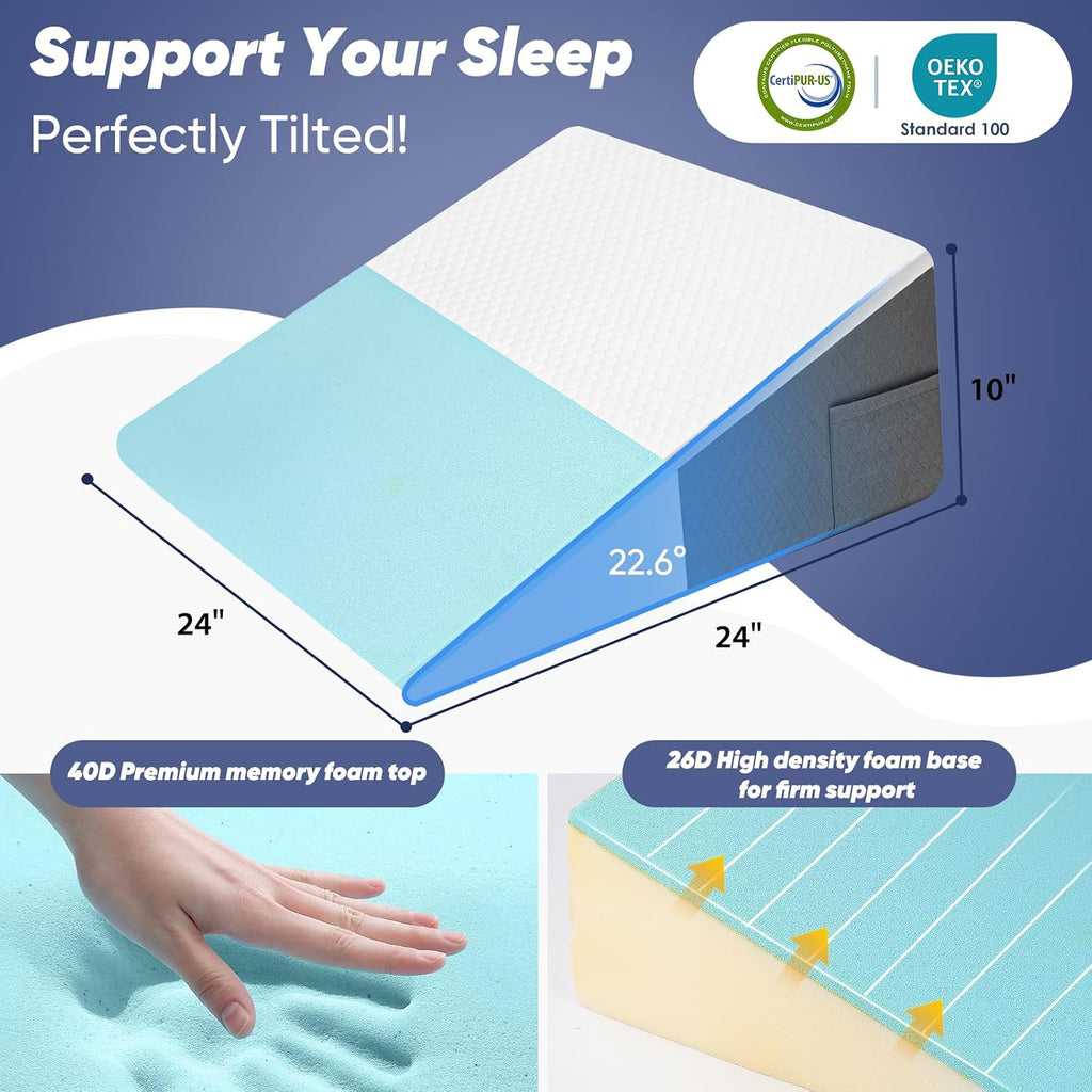 Bed Wedge Pillow for Sleeping, Reading & Resting, 10 inch Cooling Memory Foam Incline Pillow Wedge for Adults Seniors, Ideal for Couch…