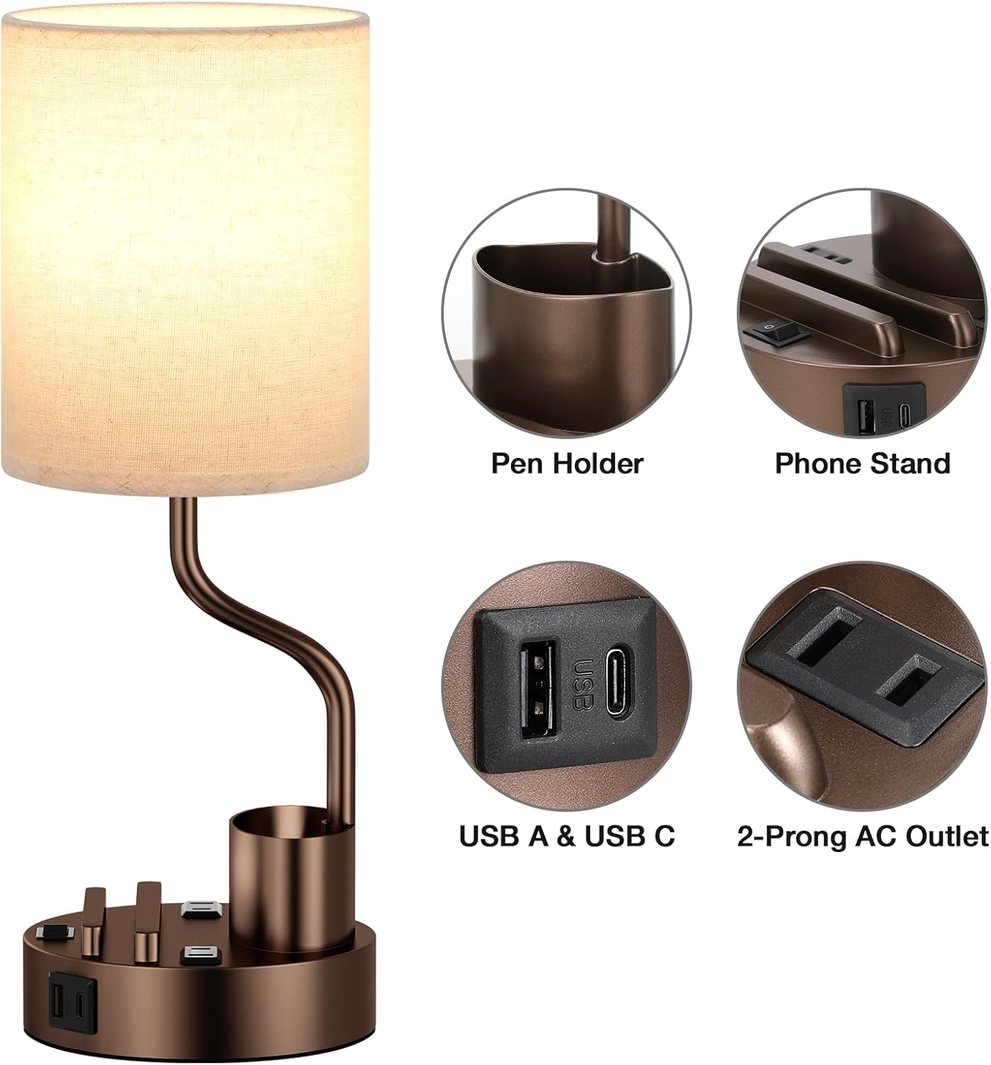 Bedside Table Lamps for Bedroom Set of 2 - Beige Nightstand Lamp with AC Outlet Charging Port and USB A C, 3 Color Temperatures, Included…