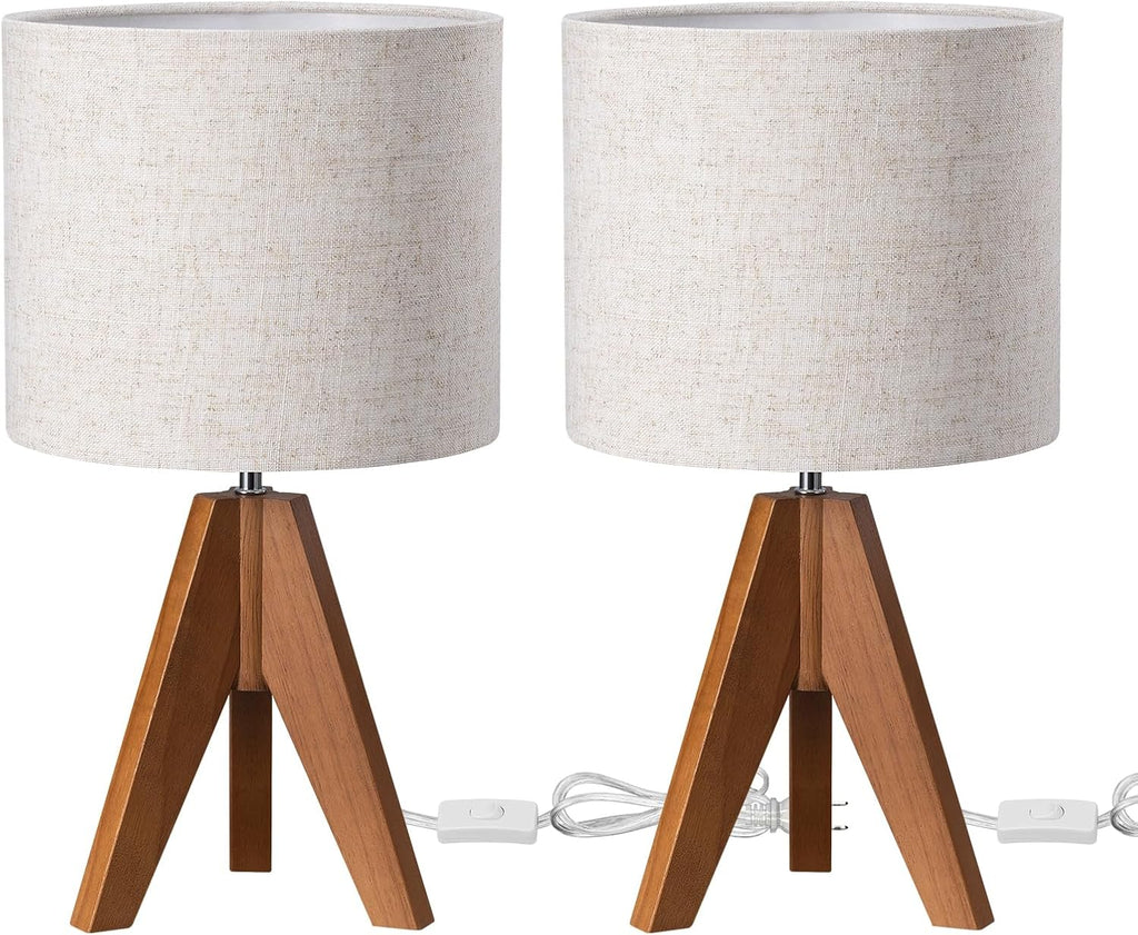EDISHINE Small Table Lamp, Wooden Tripod Bedside Lamp with Linen Fabric Lampshade, 14.2" Nightstand Lamp for Bedroom, Living Room…