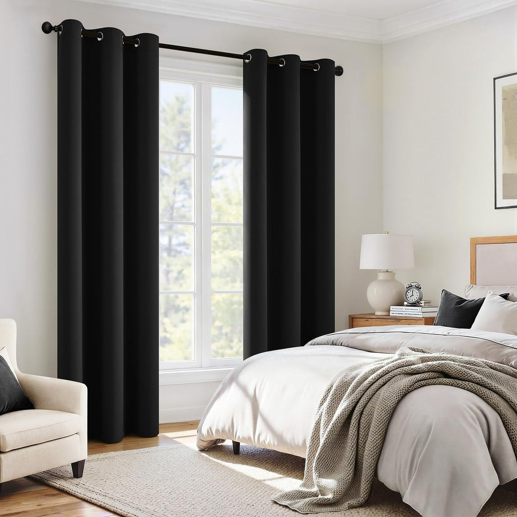 Miulee Black 100% Blackout Curtains for Bedroom 90 Inch Long, 2 Thick Layers Thermal Insulated Full Blackout Window Curtains with Black Lin…