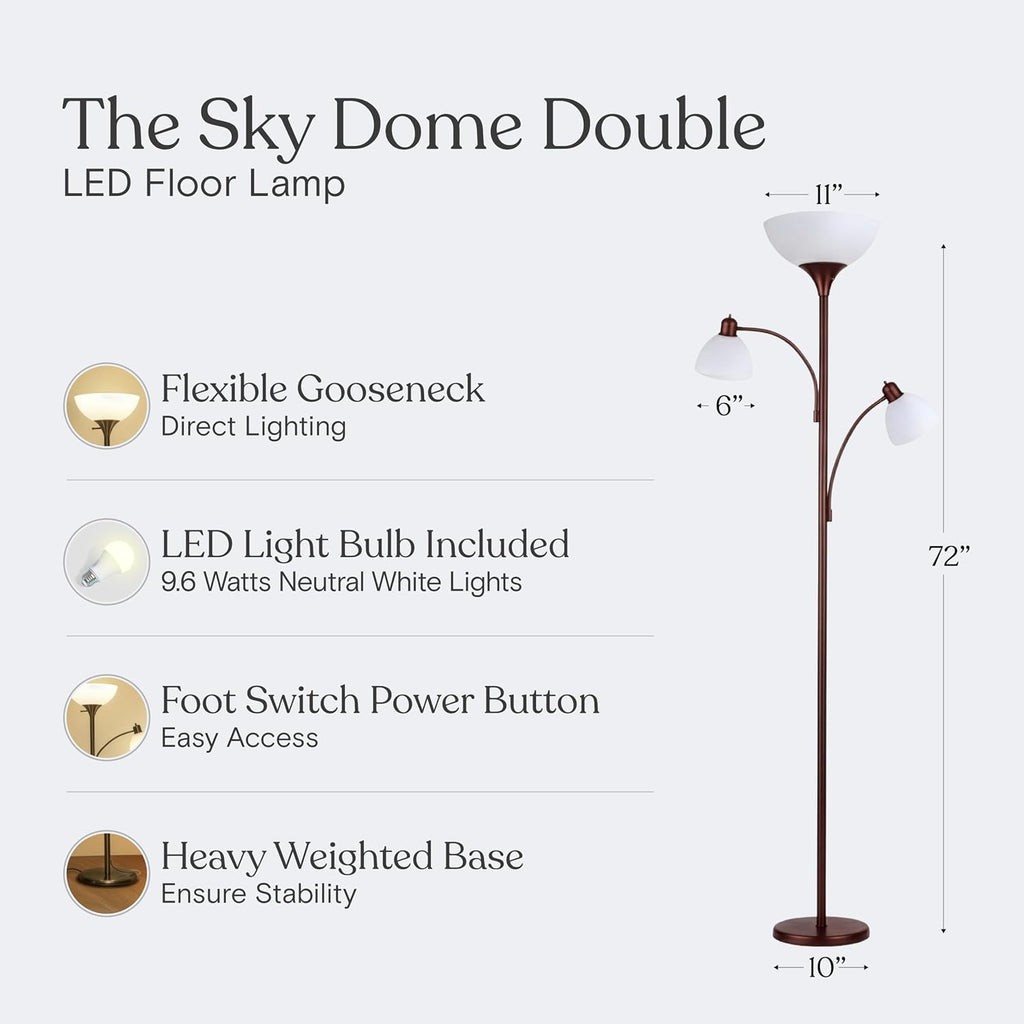 Brightech Sky Dome Double LED Floor lamp, Torchiere Super Bright Floor Lamp with 2 Reading Lamps for Living Rooms & Offices - Dimmable…